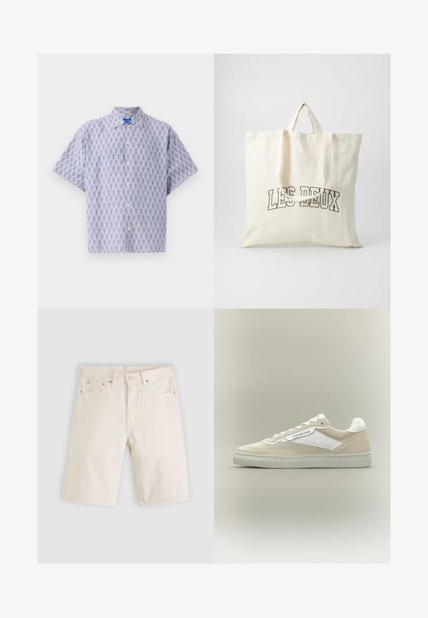 Chemise à manches courtes boutonnée en bleu clair avec un motif géométrique bleu foncé. Elle présente un col et une coupe décontractée. Fabriquée en tissu léger.; Shorts en denim écru avec poches avant, passants de ceinture et fermeture par bouton, posés à plat sur un fond neutre.; Baskets basses beige et blanches avec lacets sur le devant, panneau latéral blanc perforé et marquage "Copenhagen Studios" sur le côté.; Sac fourre-tout en toile de couleur ivoire, avec des poignées courtes et le texte imprimé "LES DEUX" en lettres noires en gras. Design durable et simple.