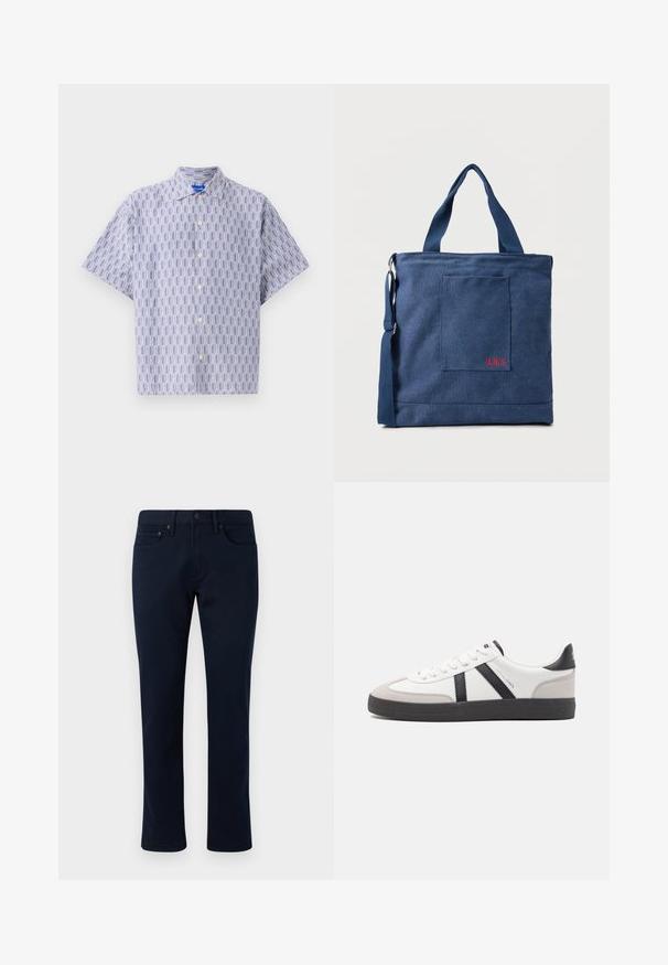 Kurzarm-Hemd in Hellblau mit dunkelblauem geometrischem Muster. Verfügt über einen Kragen und eine lockere Passform. Hergestellt aus leichtem Stoff.; Marineblaue Jeanshose mit slim-fit-Schnitt, ausgestattet mit einem klassischen Fünf-Taschen-Design und dezenten Nähakzenten. Glatte Textur ohne Verzierungen.; Weiße Sneaker mit schwarz- und grau-aczenten, ausgestattet mit einer strukturierten grauen Zehenkappe, schwarzer Gummi-Sohle und flachen weißen Schnürsenkeln. Sauberes Design, minimalistische Stil.; Blauer Canvas-Einkaufstasche mit Vordertasche und roter "O.N.S" Stickerei, ausgestattet mit zwei Griffen und einem verstellbaren Schulterriemen.