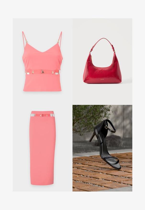 Top sin mangas de color rosa con escote en V, que cuenta con cierre de cremallera y detalles en dorado en las tirantes. Textura suave, diseño ajustado.; Falda lápiz rosa hecha de tela elástica, con una cinturilla plateada y negra con acentos metálicos y un diseño elegante y ajustado.; Sandalia negra de tacón alto con correa en el tobillo, parece suspendida sobre un suelo de baldosas de madera al aire libre, con un fondo difuminado de vegetación y piedra.; Bolso de hombro de cuero rojo con cremallera dorada y correa ajustable, logo de Calvin Klein centrado en la parte delantera.