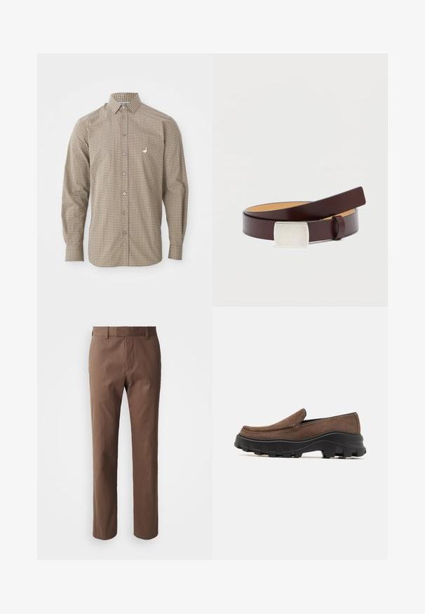 Camisa de manga larga a cuadros en marrón y beige con cuello abotonado, bolsillo y pequeño logo bordado en el pecho.; Pantalones marrones con un corte ajustado, frente plano y dos bolsillos laterales. Están hechos de una tela suave con un acabado limpio y sin patrones visibles.; Zapato tipo slip-on de ante marrón con una gruesa suela de goma negra que presenta patrones de tracción marcados y un diseño de puntera suave y redondeada.; Cinturón de cuero marrón con una hebilla plateada rectangular, textura lisa y un forro interior más claro y contrastante. Diseño sencillo y clásico.