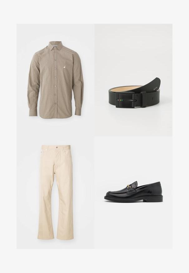 Braun- und beige-karierter Langarmhemd mit Button-Down-Kragen, einer Tasche und kleinem gesticktem Logo auf der Brust.; Beige Hose aus Baumwolle mit geradem Bein, zwei vorderen Taschen, Gürtelschlaufen und einem Metallknopfverschluss.; Schwarze Lederleter mit einer abgerundeten Zehenpartie, ausgestattet mit goldenen Hardwareakzenten und Stichdetails, auf einer niedrigen, strukturierten Gummisohle.; Paul Smith MEN BELT STRIPE BUCKLE - Gürtel - black