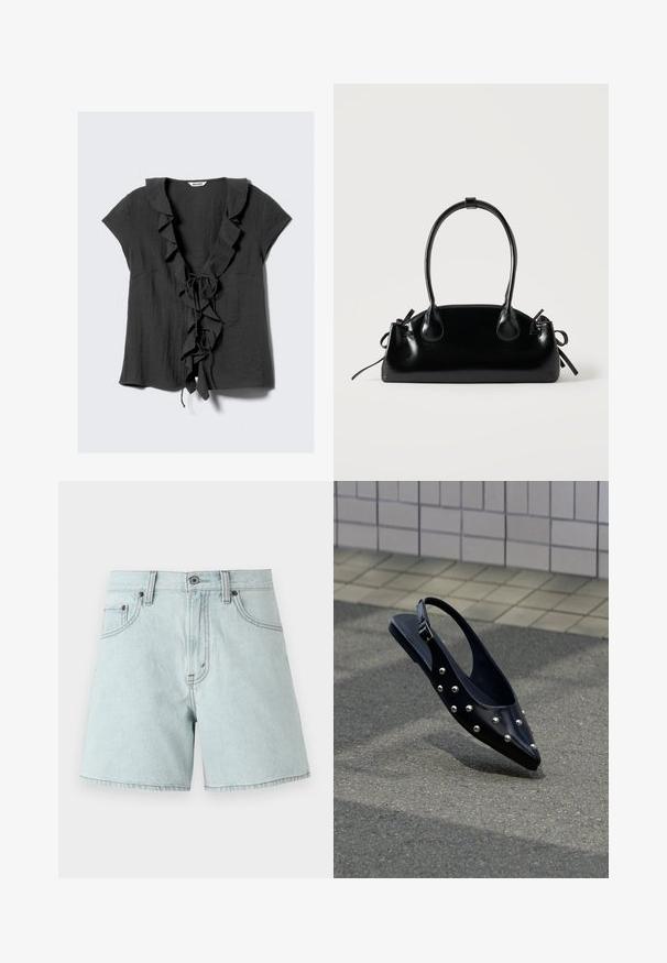 Mørkegrå bluse med korte ærmer, der har en flæsekant ved halsudskæringen og bindedetalje foran, lavet af letvægtsstof med en blød tekstur.; Lyseblå denimshorts med høj talje, der har to forlommer, en knaplukning og detaljer med sidesyning.; Sort spids slingback-sko med sølvnitter, der svæver over asfalt tæt på flisebelagt væg.; Lille sort blank håndtaske med to lange håndtag og snøre-detaljer i siden på en ensfarvet lys baggrund.