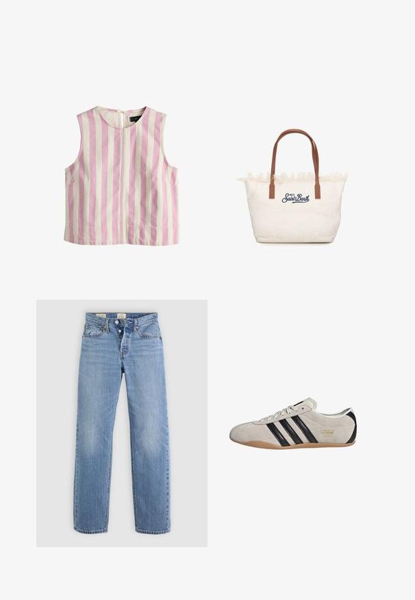 Ærmeløs cropped top med lodrette pink og hvide striber, rund halsudskæring og knaplukning bagpå.; Lysblå denimjeans med lige ben-design, metalknaplukning, forlommer og diskrete falmenotater over det hele.; Suedesneakers med en grå overdel, sorte striber og en gummisål. Har snørelukning og en guldfarvet logo-detalje på siden.; Kremfarvet tote taske med blomsterbroderi, brune læderhåndtag, frynsekant og "MC2 Saint Barth" logo foran.