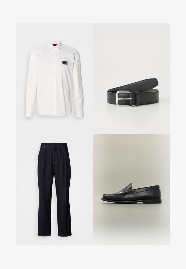 Chemise blanche à manches longues en coton, dotée d'un col boutonné, d'une patte de boutonnage avant et d'un patch logo noir sur la poitrine gauche.; Jean en denim large à jambes bleues foncées avec des plis devant et des coutures orange, présenté sur fond blanc.; Mocassin pour homme en cuir noir avec un design moc-toe, une lanière à monnaie et un talon bas sur un fond neutre.; Ceinture en cuir bleu foncé avec une finition lisse, équipée d'une boucle métallique argentée et de trous pour l'ajustement. Design minimaliste aux contours nets.