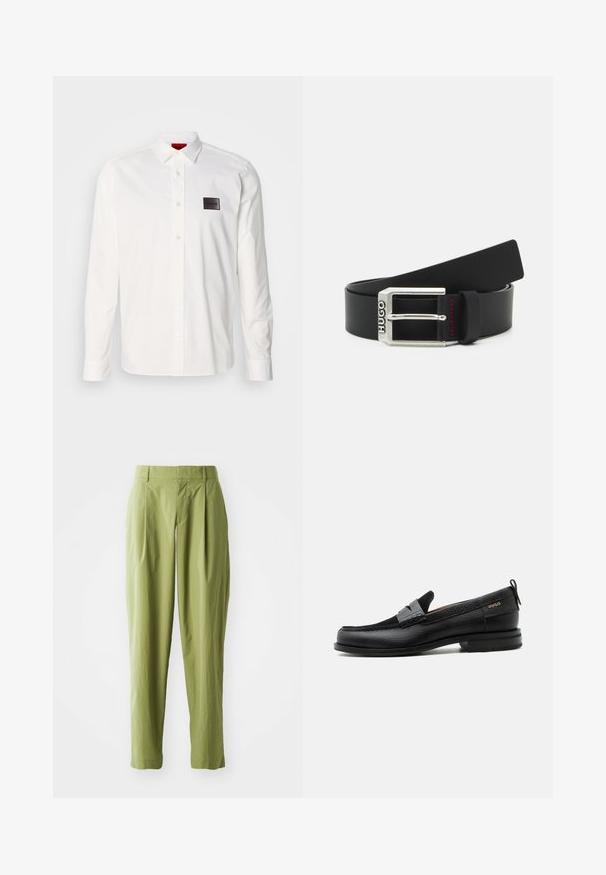 Camisa blanca de manga larga hecha de algodón, con cuello abotonado, tapeta frontal y un parche de logo negro en el pecho izquierdo.; Pantalones verdes claros hechos de una tela texturizada, con una forma recta, pliegues en la parte frontal y una cinturilla estándar.; Mocasín de cuero negro con detalle de tira gris, tacón bajo y suela texturizada, con la marca "HUGO" en oro en el lateral.; Cinturón de cuero negro con una hebilla metálica plateada grabada con "HUGO", que presenta una costura de acento roja en el lazo del cinturón.
