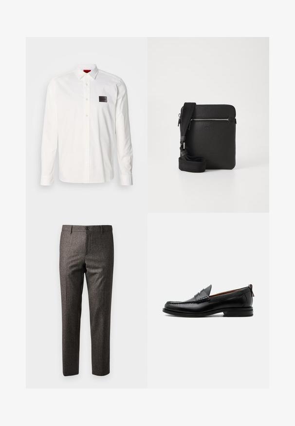 Chemise blanche à manches longues en coton, dotée d'un col boutonné, d'une patte de boutonnage avant et d'un patch logo noir sur la poitrine gauche.; Pantalons marron à chevrons avec une coupe slim, dotés d'une fermeture à bouton à l'avant et de poches latérales, fabriqués en tissu texturé avec un léger éclat.; Mocassin homme en cuir noir avec couture moc toe, bride penny, col texturé et petit talon empilé sur fond blanc.; Sac à bandoulière en cuir noir avec une surface texturée, poche avant zippée et une sangle en tissu réglable. Design simple et carré.