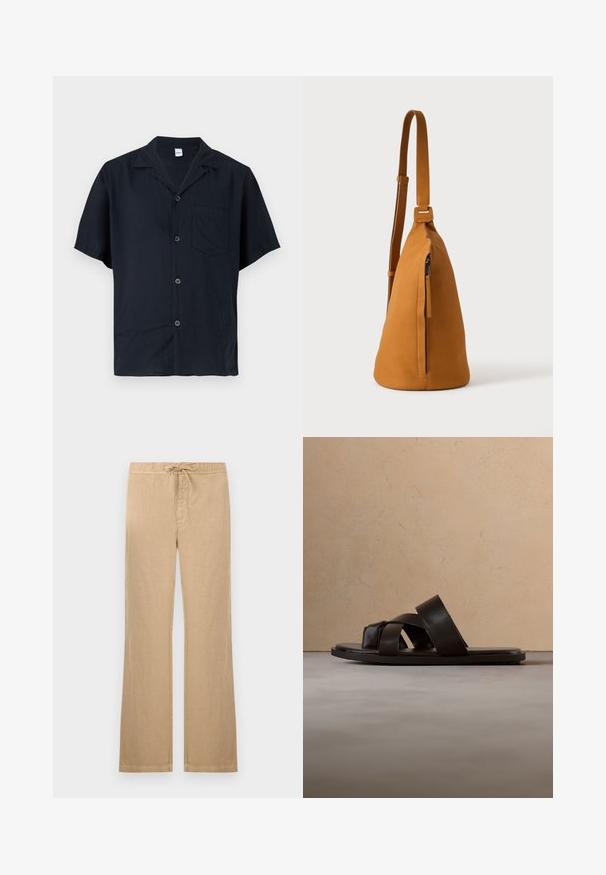 Schwarzes kurzärmeliges Hemd mit Knopfleiste, Kragen und Brusttasche, flach auf hellem Hintergrund dargestellt.; Beige gerade geschnittene Hose mit elastischem Bund und Kordelzug, vorderer Reißverschluss, ohne sichtbare Taschen, vor weißem Hintergrund präsentiert.; Schwarze Leder-Sandale mit flachem Absatz und drei überkreuzten Riemen, schwebend über einem gewebten Teppich aus Naturfasern.; Hellbraune Leder-Umhängetasche mit verstellbarem Trageriemen und vertikaler Reißverschlusstasche, von der Seite vor hellem, einfarbigem Hintergrund gezeigt.