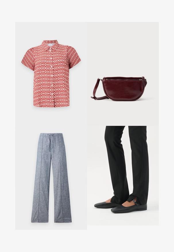 Chemise rouge à manches courtes avec un motif en losange blanc. Col avec fermeture à boutons, elle a une coupe décontractée et une texture de tissu léger.; Pantalons larges en tissu bleu clair avec une texture subtile, dotés d'une taille élastiquée et d'un cordon de serrage pour l'ajustement.; Jambes vêtues d’un pantalon slim noir avec des fentes à l’avant de l’ourlet, assorties à des chaussures plates Mary Jane noires avec une petite bride à boucle.; Sac à main en cuir marron foncé avec une forme en demi-lune, une fermeture éclair et une bandoulière amovible. Texture lisse avec un léger éclat.