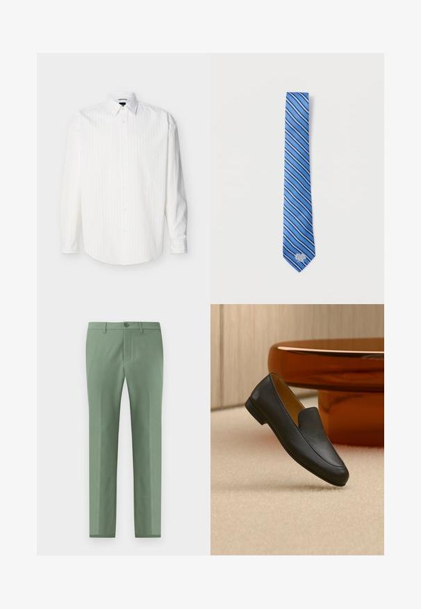 Camisa blanca de manga larga con botones, con sutiles rayas verticales y cuello puntiagudo, mostrada plana sobre un fondo claro.; Pantalones ajustados en suave tejido texturizado de color verde claro. Cuentan con un cierre de botón único y bolsillos laterales inclinados. Acabado liso en toda su superficie.; Zapato tipo mocasín de cuero negro descansando sobre una alfombra beige con una mesa circular marrón brillante al fondo.; Corbata de seda azul con rayas diagonales en tonos azul claro y oscuro. Presenta un pequeño diseño floral bordado cerca de la punta.