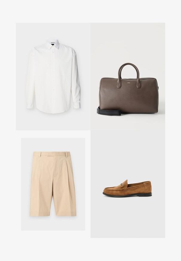 Chemise blanche à manches longues avec boutons, rayures verticales discrètes et col pointu, présentée à plat sur un fond clair.; Shorts beige mi-long cintrés avec passants pour ceinture, plis à l'avant et fermeture éclair cachée sur le devant.; Mocassin pour homme en daim marron avec détail tressé sur le dessus et semelle noire, présenté de profil sur un fond uni gris clair.; Sac de sport en cuir marron avec deux poignées, une bandoulière noire réglable et un petit logo "BOSS" au centre à l'avant.