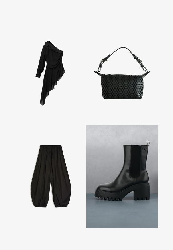 Schwarzes Kleid aus fließendem Stoff, mit einem schulterfreien Design, drapierter Vorderseite, langen Ärmeln und asymmetrischem Saum.; Locker sitzende schwarze Hose mit gerafftem elastischem Bund und elastischen Bündchen, die eine ballonartige Silhouette erzeugt.; Schwarze Leder-Stiefelette mit runder Zehenform, chunky Plateausohle und Netzseiteneinsätzen. Verfügt über eine Zuglasche für einfaches An- und Ausziehen.; Schwarze Handtasche mit diamantgeschnittenem Muster und verstellbarem, geknotetem Trageriemen mit silberfarbener Metallhardware und Reißverschluss oben.