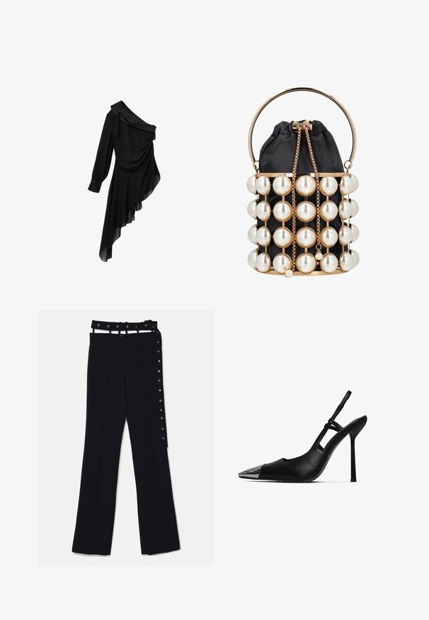 Schwarzes Kleid aus fließendem Stoff, mit einem schulterfreien Design, drapierter Vorderseite, langen Ärmeln und asymmetrischem Saum.; Schwarze hoch taillierte Hose mit weitem Bein, ausgestattet mit einem Gürtel und seitlichen Druckknopf-Details. Hergestellt aus einem glatten, strukturierten Stoff.; Schwarzer Slingback-Pump mit spitzem Zeh und glänzender metallischer Kappe. Verfügt über einen hohen Stiletto-Absatz und einen schmalen Knöchelriemen. Glatte Lederoberfläche.; Schwarze Stoff-Bucket-Bag mit goldenem Rahmen, verziert mit großen Kunstperlen und einem goldenen Kordelzugverschluss, ausgestattet mit einem runden goldenen Griff.