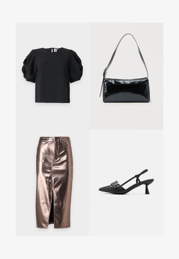 Musthave mustriga pehme lapiga, puhvärviga varrukatega ja ümmarguse kaelusega. Seljaosas on väike klahvkinnitus.; Metallik pronksist midi-seelik, millel on ees lõhik, klassikalise teksase lõikega, viis taskut ja nööp kinnitusega vöökoht.; Simmi London DALA - Klassikalised kontsakingad - black; Must ristkülikukujuline õlakott ühe reguleeritava rihmaga ja ülemise tõmblukuga, ühtlase taustaga.