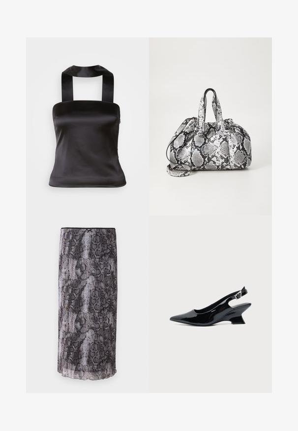 Zwart satijnen top met een vierkante halslijn en brede schouderbanden die aan de achterkant zijn vastgebonden. Gladde textuur en aansluitend ontwerp voor een slanke silhouet.; Zwart en grijs slangenprint pencil skirt met een sheer, textuurstof. Kenmerkt zich door een scalloped zoom en details aan de bovenrand.; Zwarte lakleren slingback schoen met spitse neus en lage schuine blokhak op een effen lichte achtergrond.; Zwart-wit handtas met slangenhuidpatroon, voorzien van twee handvaten, een trekkoordsluiting en een afneembare schouderriem. Hanteert een gladde textuur.