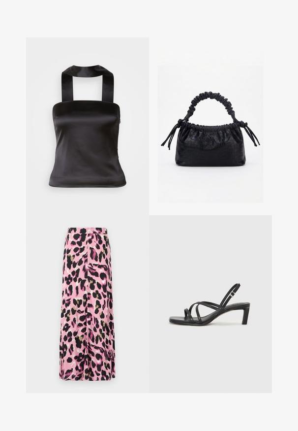 Top de satén negro con escote cuadrado y tirantes anchos que se atan en la espalda. Textura suave y diseño ajustado para una silueta estilizada.; Falda rosa con un estampado de animal print que presenta acentos en negro, dorado y blanco. Tejido suave con un diseño fluido. Corte de longitud media.; Sandalia negra de tiras con punta cuadrada y tacón bajo de bloque. Presenta múltiples tiras delgadas y una correa ajustable en el tobillo. Fabricada en cuero suave.; Bolso negro con textura de cocodrilo, borde superior fruncido, asa recogida y cordones con borlas en cada lado sobre un fondo blanco.