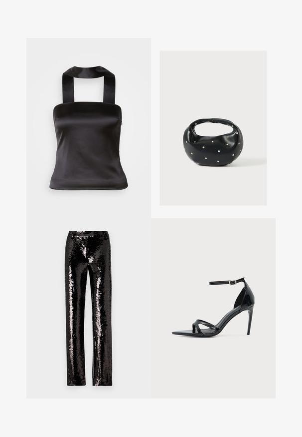Top en satin noir avec un décolleté carré et de larges bretelles qui se nouent à l'arrière. Texture lisse et coupe ajustée pour une silhouette élégante.; Pantalons noirs en sequins avec une coupe droite, présentant une texture brillante et une surface scintillante qui reflète la lumière. Pas de fermetures visibles.; Sandale à talon haut en cuir verni noir avec fine bride à la cheville, bout ouvert et design minimaliste sur fond clair uni.; Sac à main en cuir noir de forme arrondie, décoré de clous argentés et équipé d'une poignée courte. Texture lisse et fermeture éclair.