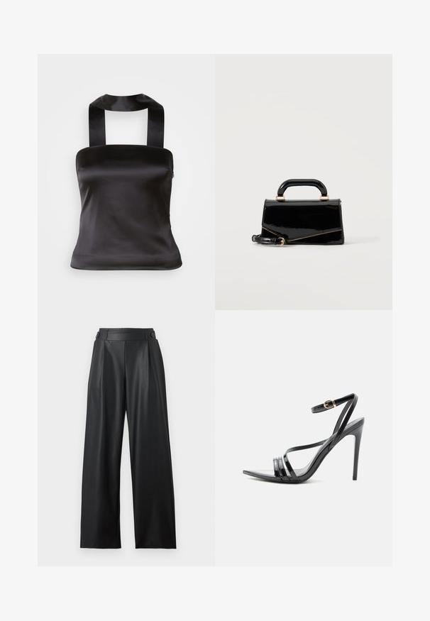 Must musta pehmeatekstuuriga ümar kaelusega ja laia rihmaga ülaosa, mille nööbid on selja taga. Sujuv tekstuur ja istuv disain, mis loob elegantse silueti.; Mustad laia säärega kunstnahast püksid kõrge vöökohaga, nööpidega vöökohas ja esipoolse voltidega.; Mustad kõrged kontsakingad õhukeste rihmadega varvaste ja pahkluu ümber, peenikese varbaga õhukese kuldse pannalaga.; Must läikiv ristkülikukujuline käekott ülemise sangaga, kuldsete detailide ja eemaldatava rihmaga, paigutatud lihtsale heledale taustale.