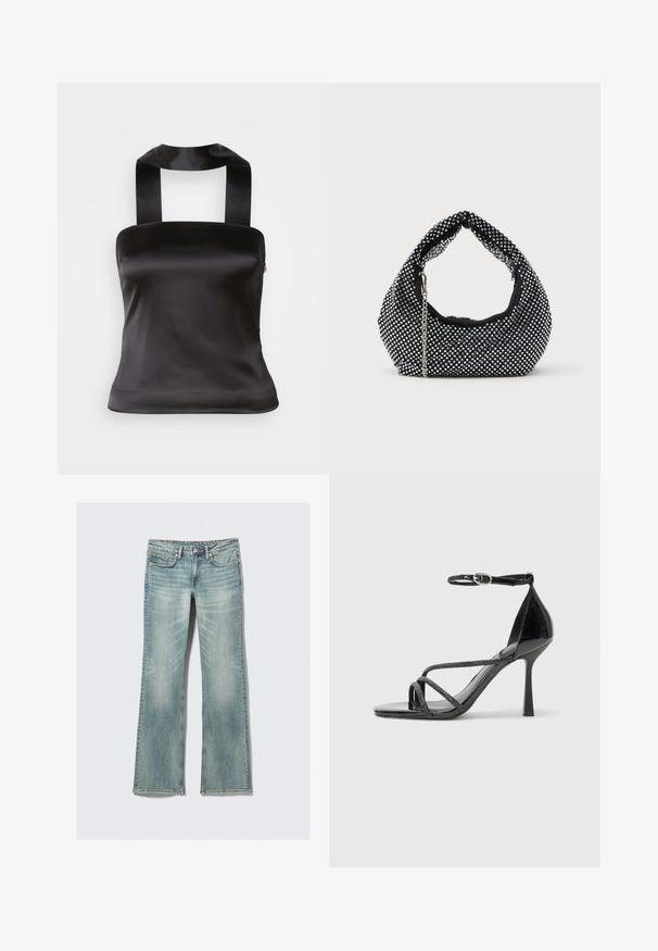 Top en satin noir avec un décolleté carré et de larges bretelles qui se nouent à l'arrière. Texture lisse et coupe ajustée pour une silhouette élégante.; Jean évasé en denim bleu clair avec des zones délavées, une braguette zippée, cinq poches et des détails de couture contrastants. Texture douce et longueur complète.; Sandale à talons hauts en cuir verni noir avec une sangle autour de la cheville, présentant des brides croisées et un élégant bout pointu.; Sac à main en maille noire orné de clous en argent, avec une poignée incurvée et une bandoulière en chaîne. Texture douce avec une forme arrondie.