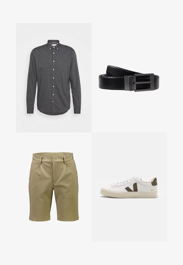 Donkergrijze button-up shirt, gemaakt van textuurstof met lange mouwen, een puntige kraag en houten knopen aan de voorkant.; Beige op maat gemaakte herenshorts met riemlussen, knoopsluiting, voorplooien en zijzakken.; Witte leren sneakers met een lichtbeige rubberen zool. Voorzien van een bruine suède V-logo en hieltab. Gespsluiting met een gestructureerd oppervlak.; Zwarte leren riem met een carbonfiber structuur, voorzien van een metalen zwarte gesp gegraveerd met "Porsche Design." Glad, plat ontwerp.