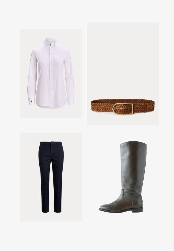 Witte blouse met lange mouwen, knoopsluiting, een knoopsluitkraag en een klein geborduurd logo op de linkermanchet.; Marineblauwe, op maat gemaakte broek met een slanke pasvorm, voorzien van een vlakke voorkant, zijzakken en een gladde textuur. Eenvoudig ontwerp zonder zichtbare patronen.; Bruine leren kniehoge laars met een gladde textuur, ronde neus en minimale stikdetails. De zool is plat met een lage hak.; Bruine gevlochten leren riem met een gouden rechthoekige gesp en een leren lus op een witte achtergrond.