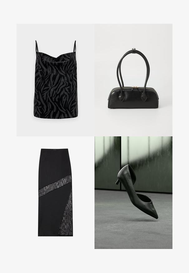 Camisole noire avec une surface brillante, présentant un motif de zèbre abstrait texturé en gris contrastant. Bretelles fines ajustables.; Jupe midi noire présentant un motif géométrique avec des empiècements en dentelle texturée, un tissu structuré et une silhouette élégante.; Chaussure noire à talon haut avec un bout pointu, présentant une surface texturée et un dos ouvert. Un petit talon met en valeur le design.; Sac à main en cuir noir avec deux anses allongées, fermeture éclair et forme arrondie ; texture lisse avec une finition légèrement brillante.