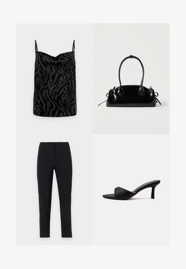 Camisole noire avec une surface brillante, présentant un motif de zèbre abstrait texturé en gris contrastant. Bretelles fines ajustables.; Pantalon noir slim fit longueur cheville avec devant plat et fermeture dissimulée, présenté sur fond blanc.; Mule noire à bout ouvert avec un talon moyen et fin, et une large bride sur l'avant, vue de profil sur un fond uni.; Petit sac à main noir brillant avec deux longues anses et des détails à cordon sur les côtés sur un fond clair uni.