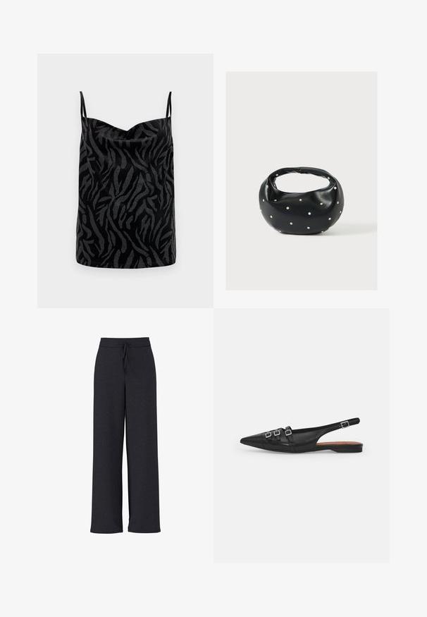 Camiseta negra sin mangas con una superficie brillante, que presenta un patrón abstracto de cebra texturizado en un gris contrastante. Tirantes finos ajustables.; Pantalones de pierna ancha de color gris oscuro con tela texturizada, con una cintura elástica y cordón ajustable para un ajuste cómodo.; Zapato plano slingback de cuero negro con puntera puntiaguda, que presenta dos correas horizontales y hebillas plateadas cuadradas, tacón bajo y textura suave.; Bolso de mano de cuero negro con forma redondeada, decorado con detalles de tachuelas plateadas y un asa corta. Textura lisa y cierre con cremallera.