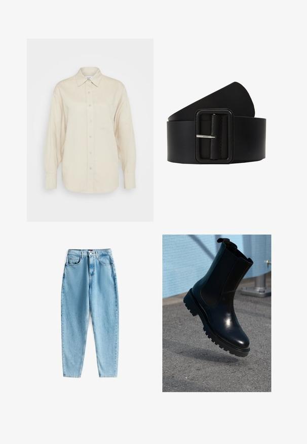 Beige skjorte med knapper fremme lavet af letvægtsstof, der har lange ærmer, en brystlomme og et klassisk kravedesign.; Lysblå højtaljede jeans lavet af denim med en let falmet finish. Har fem lommer og lukning med knap i taljen.; Sort ankelstøvle i læder med elastiske sidepaneler, rund tå og en tyk, tekstureret sål. Glat finish med et minimalistisk design.; Sort læderbælte med en rektangulær sølvspænde, glat tekstur og afrundet ende. Designet er enkelt og funktionelt.