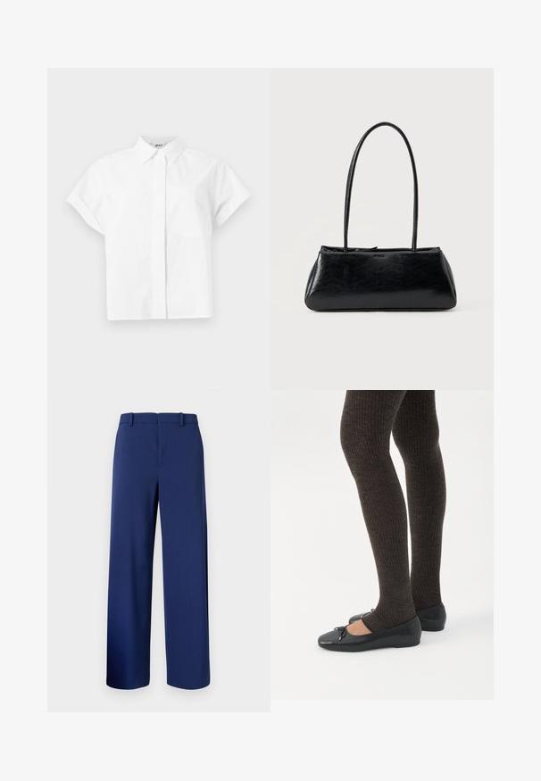 Camisa blanca de manga corta con botones, cuello clásico y bolsillo en el pecho, mostrada sobre un fondo claro y sencillo.; Pantalones ajustados de color azul marino, confeccionados en una tela suave, con un diseño de pierna recta, trabillas para cinturón y un cierre frontal con cremallera y gancho.; Piernas con leggings oscuros acanalados combinados con bailarinas negras que presentan pequeños detalles de lazo sobre un fondo blanco.; Bolso de hombro rectangular negro con correas largas y delgadas y una textura lisa y brillante sobre un fondo liso.