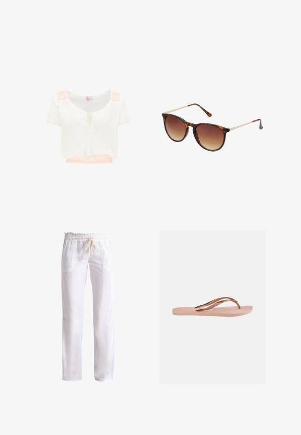 Witte cropped blouse met korte mouwen, vooraan met strik en lichtroze geborduurde details op schouders en zoom.; Witte linnen broeken met een relaxte pasvorm, elastische tailleband en trekkoord. Voorzien van twee zijzakken en een gladde textuur.; Enkel lichtroze teenslipper met een textuurrijke zool en metalen rosegouden Y-vormige bandjes op een effen achtergrond.; Schildpadbril met een verloop van bruine lenzen, cat-eye vorm, gouden metalen accenten op de slapen en een gladde kunststof frame.