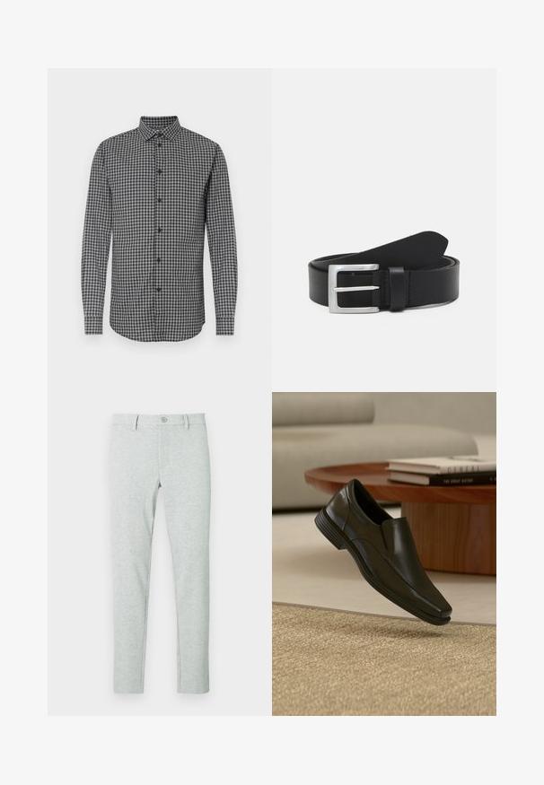 Chemise à manches longues à carreaux noirs et blancs avec un col boutonné, offrant une coupe régulière et une fermeture à boutons sur le devant. Tissu texturé.; Chinos gris clair avec une texture lisse, coupe ajustée, fermeture à boutons, et motif vertical côtelé subtil. Poches avant et passants pour ceinture inclus.; Chaussure habillée noire en cuir sans lacets flottant au-dessus d'un tapis beige tissé, avec une table basse ronde en bois et des livres empilés en arrière-plan.; Ceinture en cuir noir avec une texture lisse, boucle rectangulaire en argent et une boucle pour l'extrémité. Présente des coutures soignées le long des bords.