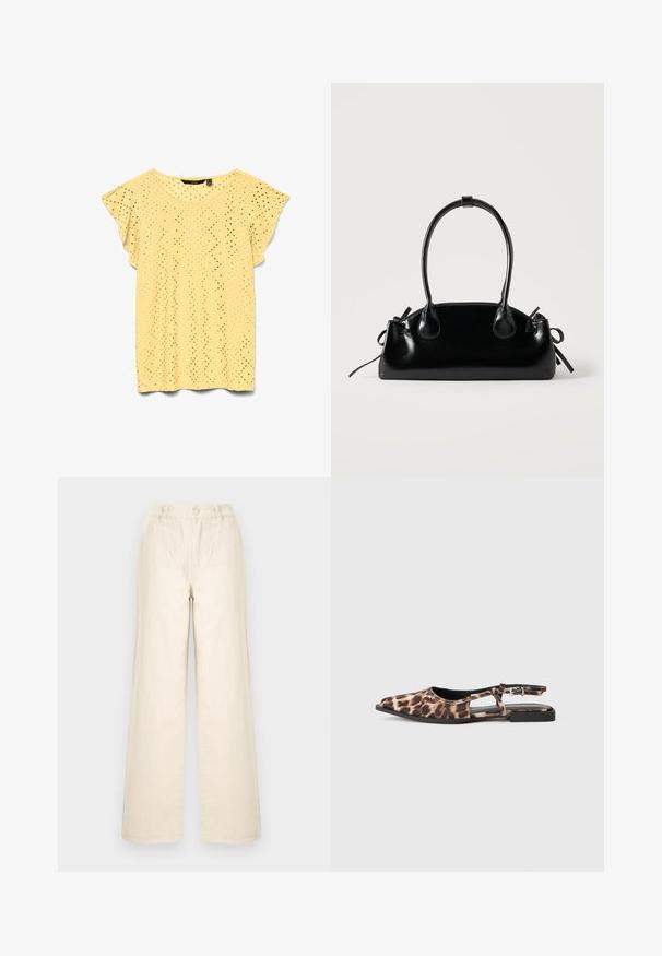 Blouse jaune clair à manches courtes avec motif losange ajouré et manches volantées, encolure ronde et tissu léger.; Pantalon large taille haute de couleur crème avec des rayures verticales cousues et une fermeture à boutons sur la ceinture avant.; Ballerine à enfiler en imprimé léopard, avec un bout pointu, des côtés ouverts et un petit talon noir. Le matériau semble lisse avec un léger éclat.; Petit sac à main noir brillant avec deux longues anses et des détails à cordon sur les côtés sur un fond clair uni.