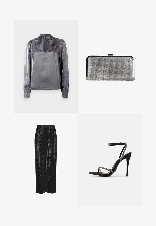 Blouse grise en satin avec un col en noeud, découpe en forme de clé, et manches longues avec des poignets élastiques. Texture lisse et léger éclat.; Jupe portefeuille noire à sequins avec un fini texturé, de longueur genou, et un détail noué à la taille. Surface lisse et réfléchissante.; Sandale noire à talons hauts avec des fines lanières ornées de bijoux et une boucle au niveau de la cheville. Matériau en daim, bout ouvert et silhouette fine et pointue.; Pochette rectangulaire argentée couverte de petits strass avec un cadre en métal noir et argenté et une fermeture à clip.