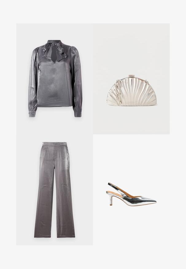 Blouse grise en satin avec un col en noeud, découpe en forme de clé, et manches longues avec des poignets élastiques. Texture lisse et léger éclat.; Pantalons à jambes larges en tissu argenté brillant. Caractéristiques d'une texture lisse avec une taille plate et sans poches visibles.; Escarpin slingback argenté à bout pointu, texture métallique lisse, talon aiguille de 5 cm. Doté d'une bride quart pour plus de sécurité.; Pochette argentée métallique en forme de coquillage, avec une chaîne en argent drapée sur le côté.