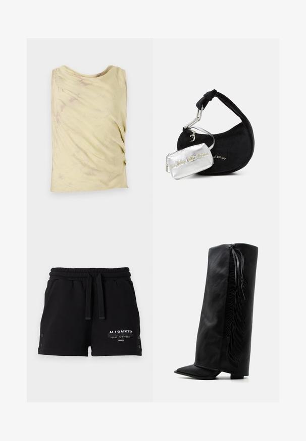 Haut sans manches jaune clair avec un design drapé et une texture marbrée subtile. Présente une coupe décontractée et un col rond.; Short noir à taille élastique avec cordon, poches latérales, détails boutons sur les côtés, et texte blanc All Saints avec des caractères japonais sur la jambe gauche.; Botte noire en cuir montante jusqu’au genou avec bout pointu et franges décoratives le long du côté extérieur sur fond blanc uni.; Juicy Couture BLOSSOM - Sac à main - black