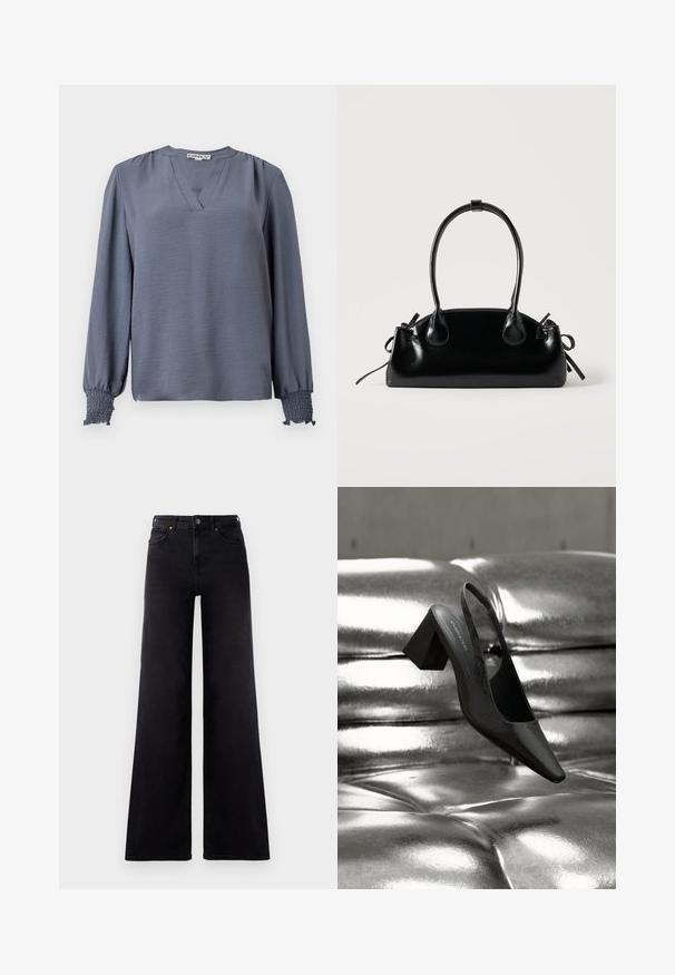 Langärmlige, hellblaue Bluse mit V-Ausschnitt, die an den Schultern Raffungen und an den Bündchen eine geraffte Textur für Detail und Stil aufweisen.; Hoch geschnittene schwarze weite Jeans mit vorderen Taschen, Gürtelschlaufen und einer Knopfleiste.; Schwarzer Slingback-Absatz mit spitz zulaufender Spitze, der eine strukturierte Oberfläche und einen massiven Blockabsatz aufweist. Auf einem glänzenden, metallischen Hintergrund platziert.; Kleine schwarze glänzende Handtasche mit zwei langen Griffen und seitlichen Kordelzug-Details vor einfachem hellem Hintergrund.