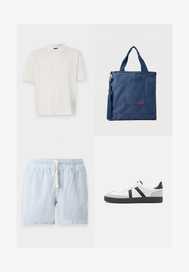 Kurzärmliges Poloshirt in Off-White mit strukturiertem Muster, Knopfleiste und klassischem Kragen.; Himmelblau gestreifte Shorts aus weichem Stoff mit elastischem Bund und Kordelzug. Hat seitliche Taschen und eine lockere Passform.; Weiße Sneaker mit schwarz- und grau-aczenten, ausgestattet mit einer strukturierten grauen Zehenkappe, schwarzer Gummi-Sohle und flachen weißen Schnürsenkeln. Sauberes Design, minimalistische Stil.; Blauer Canvas-Einkaufstasche mit Vordertasche und roter "O.N.S" Stickerei, ausgestattet mit zwei Griffen und einem verstellbaren Schulterriemen.