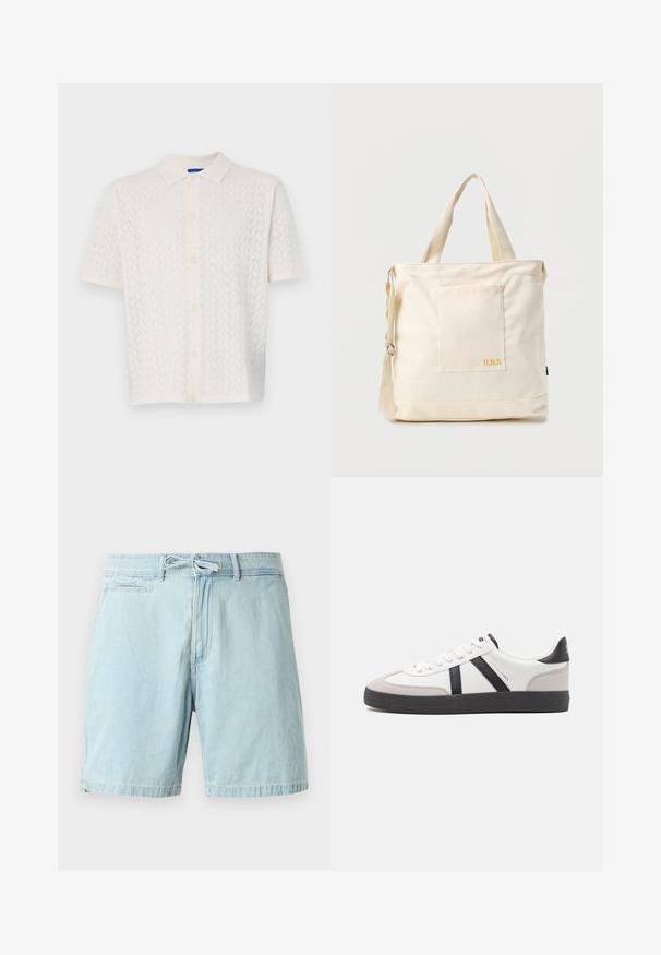 Kortærmet poloshirt i off-white, med et struktureret mønster, knaplukning foran og klassisk kravedesign.; Lyseblå denimshorts med elastisk talje og snøre detaljer, med sidelommer og en afslappet pasform. Glat tekstur, casual design.; Hvide sneakers med sorte og grå detaljer, med en tekstureret grå tåhætte, sort gummisål og flade hvide snørebånd. Rent design, minimalistisk stil.; Kremfarvet lærredstote-taske med frontlomme, to håndtag, justerbar skulderrem og lille gul "O.N.S" tekst i nederste højre hjørne af lommen.
