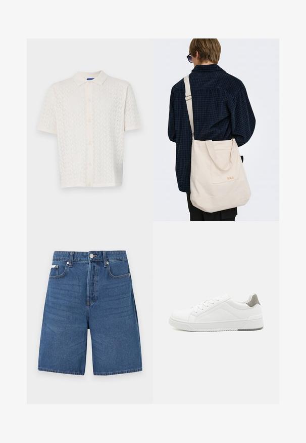 Polo à manches courtes en blanc cassé, présentant un motif texturé, un bouton sur le devant et un design de col classique.; Short en denim bleu clair avec fermeture éclair devant, bouton, passants de ceinture et cinq poches, présenté sur fond blanc uni.; Basket blanche en cuir lisse, à bout arrondi, design minimaliste, accent de talon gris et semelle en caoutchouc texturé.; Personne aux cheveux courts portant une chemise à carreaux foncée et des lunettes de soleil porte un grand sac fourre-tout en toile écrue avec bandoulière et poche avant.