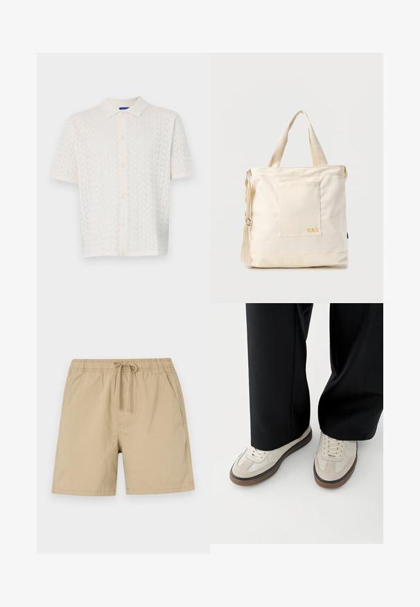 Kortærmet poloshirt i off-white, med et struktureret mønster, knaplukning foran og klassisk kravedesign.; Beige shorts lavet af bomuld med elastisk talje, snoretræk og sidelommer. Glat tekstur og længde over knæet.; Fødder iført beige sneakers med brune såler og sorte bukser med vide ben på hvid baggrund.; Kremfarvet lærredstote-taske med frontlomme, to håndtag, justerbar skulderrem og lille gul "O.N.S" tekst i nederste højre hjørne af lommen.