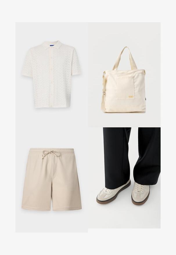 Polo à manches courtes en blanc cassé, présentant un motif texturé, un bouton sur le devant et un design de col classique.; Shorts beige avec une texture côtelée, taille élastique avec cordon de serrage et poches latérales, présentant un design simple et fonctionnel.; Pieds portant des baskets beige avec des semelles marron et un pantalon noir à jambes larges sur fond blanc.; Sac fourre-tout en toile crème avec poche avant, deux poignées, bandoulière réglable et petit texte jaune "O.N.S" en bas à droite de la poche.