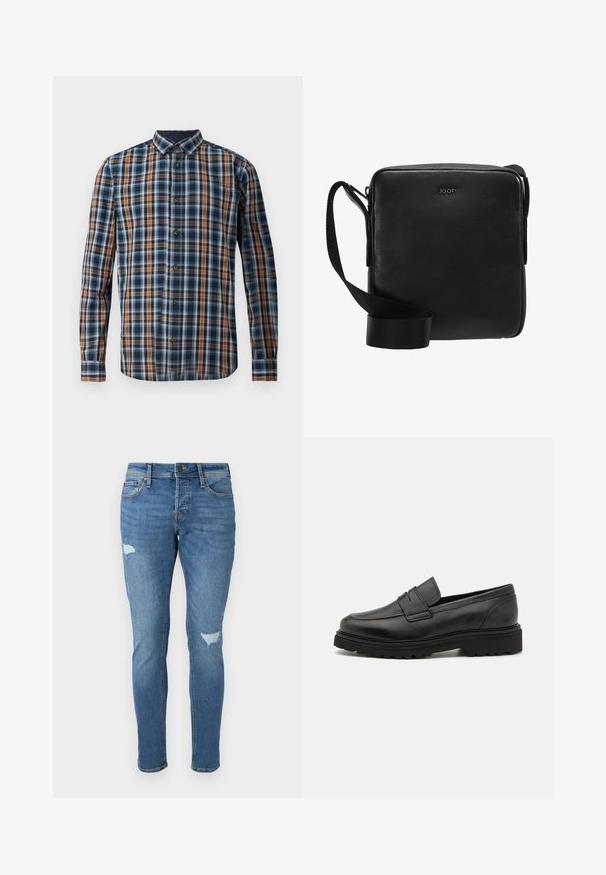 TOM TAILOR CHECKED - Skjorter - navy blue; Fadede blå denim jeans med slim fit, der har slidte områder ved knæene, en knaplukning og fem-lomme design.; Sort læder loafersko med rund tå, syningsdetaljer og en tyk, struktureret sål. Har et elegant, minimalistisk design.; Sort læder crossover taske med firkantet form, lynlåslukning og justerbar rem. Har det præget brandlogo på forsiden.