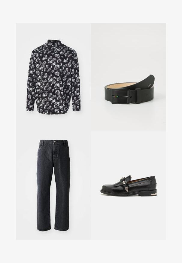 Sort langærmet skjorte med et mønster af hvide roser, krave og knaplukning foran. Fremstillet af letvægtsstof med en glat tekstur.; Sorte denim jeans med lige snit, med knaplukning, fem lommer og subtil tekstur. Klassisk design uden fremtrædende mønstre.; Sort læderloafer med sølv dekorativt hardware, en mokkasinstil overdel, detaljeret syning og en stakheel.; Paul Smith MEN BELT STRIPE BUCKLE - Bælter - black