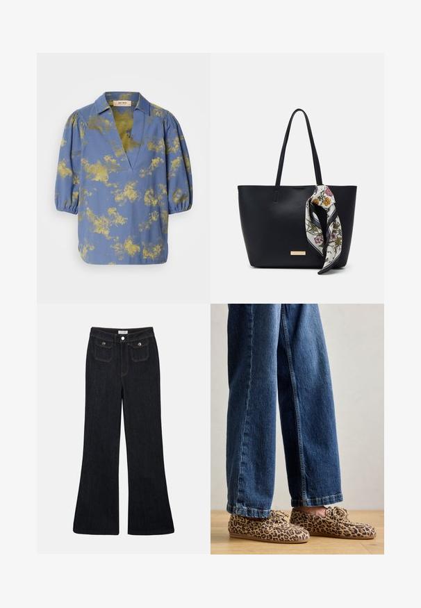 Blå bluse med guld abstrakt mønster, krave og puffede ærmer. Fremstillet af glat stof med en afslappet pasform og V-hals design.; Sorte denim jeans med høj talje, flared ben, to frontlommer og orange syninger. Materialet ser solidt og glat ud.; Læderloafers med leopardmønster, lavet af ruskind, med rund tå, snøre-design og flade, fleksible såler, parret med blå denim jeans.; Sort læder tote taske med to skulderremme, prydet med et blomsterprint silkeslør bundet om håndtaget og en metallisk logo detalje på forsiden.