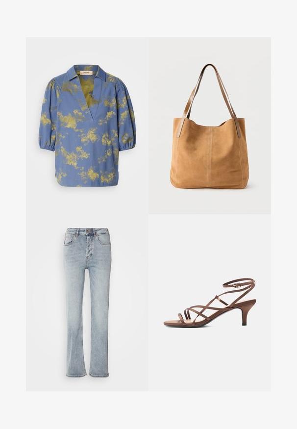 Blauwe blouse met een gouden abstract patroon, kraag en puffmouwen. Gemaakt van een gladde stof met een relaxte pasvorm en V-hals ontwerp.; Lichtblauwe denimjeans met een hoge taille, een recht model en een lichte flare aan de onderkant. Heeft stikselaccenten en een ritsopening.; Bruine sandaal met dunne bandjes, enkelriempje met gesp en hak van gemiddelde hoogte, zijaanzicht op een witte achtergrond.; Beige suède totebag met lange lichtbruine leren hengsels, zachte textuur en eenvoudige stiksels op een effen witte achtergrond.