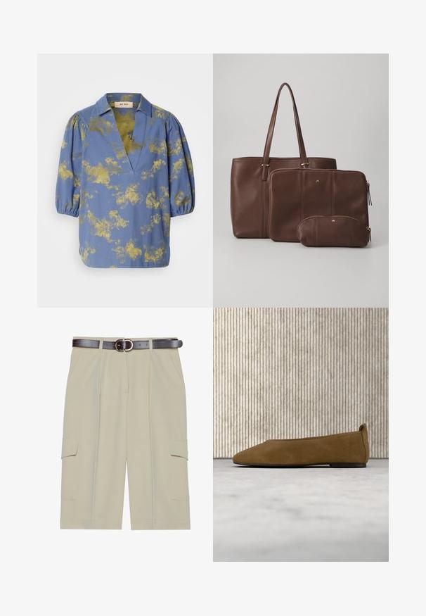 Blusa azul con un patrón abstracto en dorado, cuello y mangas abullonadas. Hecha de una tela suave con un corte relajado y diseño de escote en V.; Pantalones cortos cargo beige con un corte relajado, que presentan dos bolsillos laterales y un cinturón marrón con una hebilla redonda, textura de tela suave.; Zapato plano de ante marrón con suela negra flotando sobre una alfombra beige, con muebles de color ámbar translúcido en el fondo.; Bolso tote de cuero marrón con dos bolsitas a juego; el tote tiene asas largas, mientras que las bolsitas tienen cierre y tamaños variados. Incluye detalles en dorado.