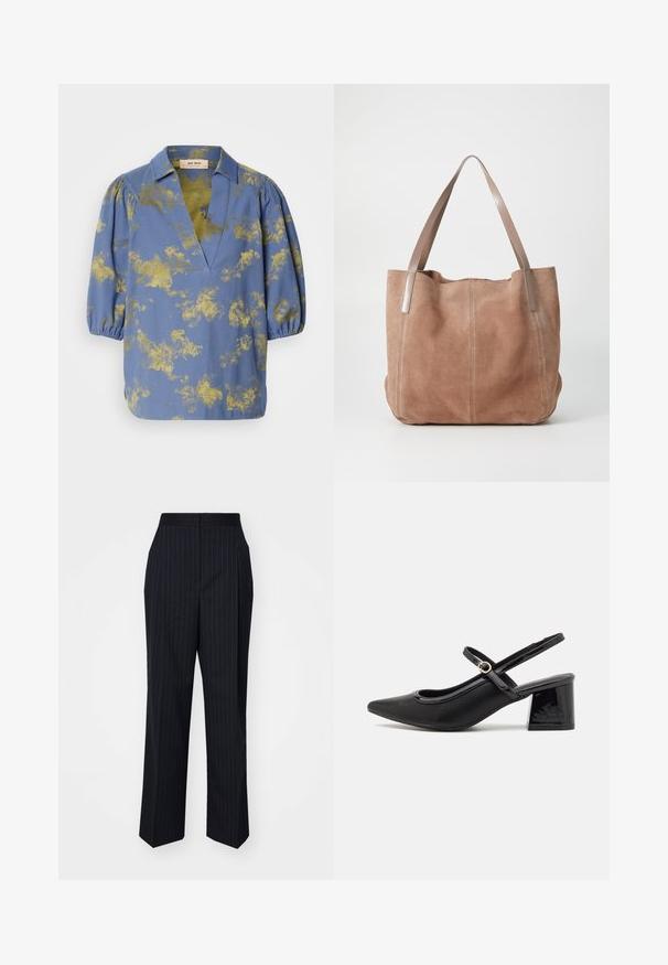 Blouse bleue avec un motif abstrait doré, col et manches bouffantes. Fabriquée en tissu lisse avec une coupe décontractée et un décolleté en V.; Pantalons bleu marine avec des rayures blanches verticales, coupe droite, taille intermédiaire et texture de tissu lisse.; Escarpins slingback en cuir verni noir avec un embout pointu, un design à découpes arrondies et un talon carré. Présente un accent de boucle en ton doré.; Anna Field by Zalando LEATHER - Cabas - taupe