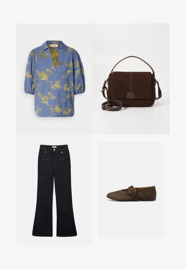 Blå bluse med guld abstrakt mønster, krave og puffede ærmer. Fremstillet af glat stof med en afslappet pasform og V-hals design.; Sorte denim jeans med høj talje, flared ben, to frontlommer og orange syninger. Materialet ser solidt og glat ud.; Brun ruskind flad sko med bred rem og guldlås, rundet tå og lav sort sål, vist i sideprofil mod hvid baggrund.; Brun ruskinds messenger taske med en flad frontklap, brune læderdetaljer, en justerbar rem og minimalistisk design.