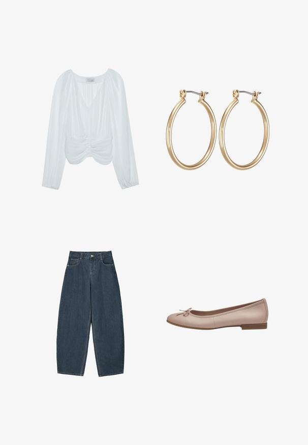 Weiße Bluse mit langen Ärmeln, V-Ausschnitt, plissierter Textur, gerafften Akzenten an der Taille und elastischen Manschetten. Markenetikett innen sichtbar.; Dunkelblaue Denim-Hosenträger mit weitem Bein und hoher Taille, ausgestattet mit fünf Taschen und sichtbaren Nähdetails. Sauberes, minimalistisches Design.; Helle rosa Leder-Balletschuhe mit einer abgerundeten Spitze, kleinem braunen Absatz und einer dekorativen Schleife an der Vorderseite. Glatte Textur und schlichtes Design.; Goldfarbene Metall-Ohrringe in Form von Kreisen mit einem glatten, runden Design und einem gesicherten Klappverschluss. Leicht und mit einer polierten Oberfläche.