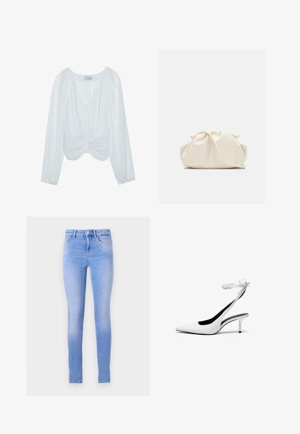 Witte blouse met lange mouwen, V-hals, geplooide textuur, plooien in de taille en elastische manchetten. Merkenlabel zichtbaar aan de binnenkant.; Lichtblauwe skinny jeans met een vervaagde wassing, voorzien van een vijf-pocket ontwerp, een sluiting met knop aan de voorkant en een schone zoom.; Witte pointed-toe slingback hakken met een dunne enkelband. Gladde leren materiaal, dunne stilettohak en een zwarte binnenvoering.; Zachte, crèmekleurige leren clutch met geplooid, gerimpeld ontwerp en een dunne schouderriem die vooraan op een effen achtergrond ligt.